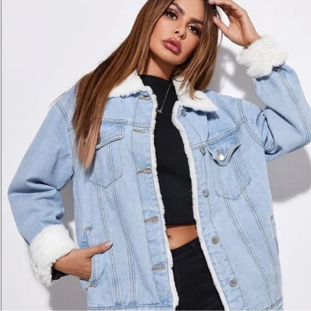 LADIES SIZE XL ASHLEY VINTAGE CHARM SHERPA LINED BLUE DENIM JACKET